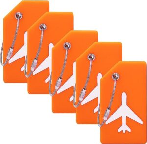 5 Orange luggage tags with airplane pictured on them