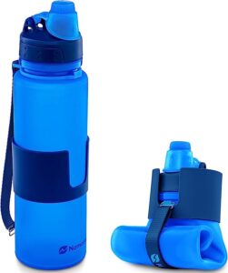 Collapsible blue water bottle for travel