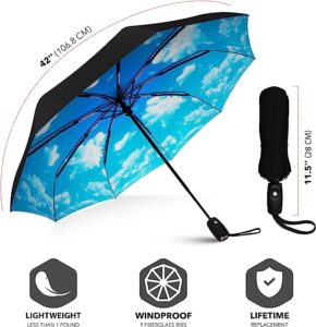 Travel umbrella, blue with white clouds on the silk.