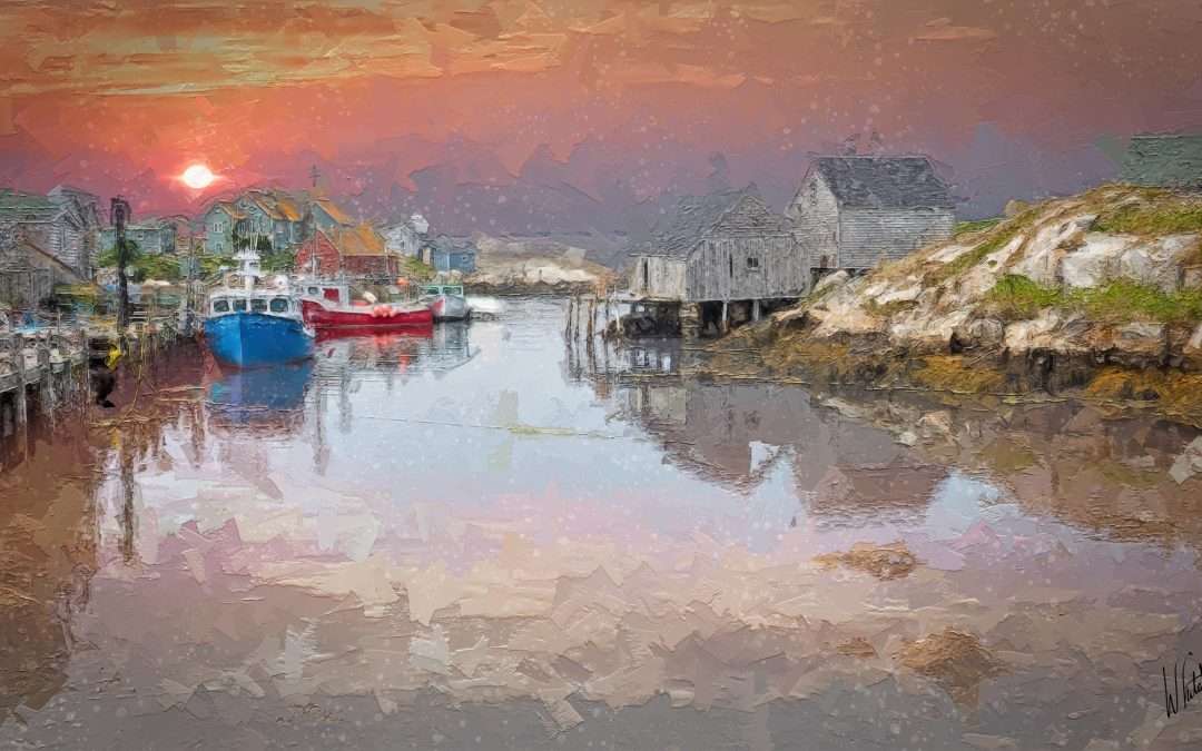 A beautiful fishing village in maine with a blue and red boat in the water and a beautiful orange sunset.