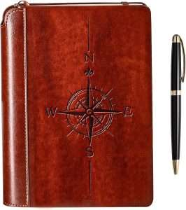 Mens travel journal in brown with an included pen.